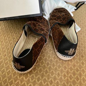 Black and Brown Men 9 Square G Suede Bee Logo Alejandro Espadrille Flats